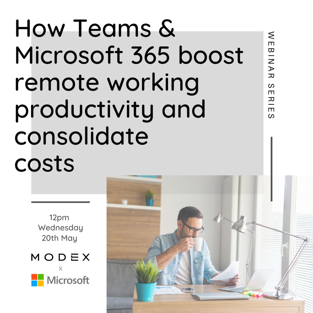 How Teams & Microsoft 365 boost remote working productivity and consolidate costs banner with man working from home drinking coffee