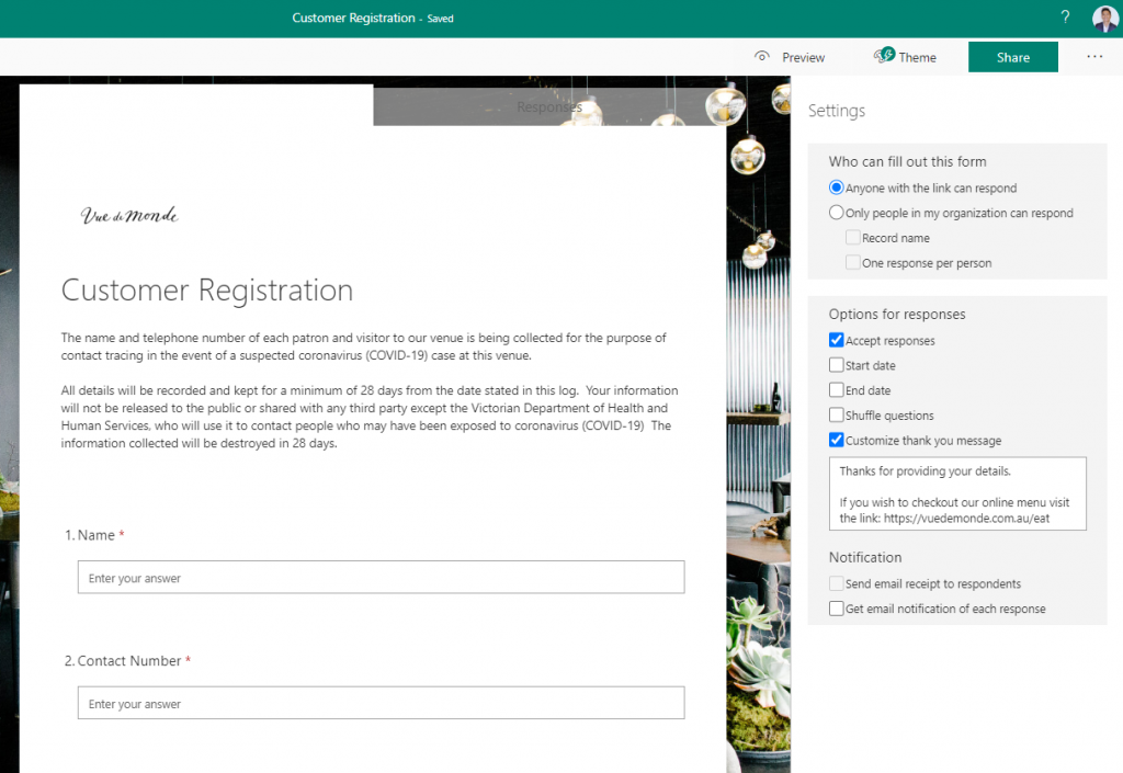 A customer registration form in Microsoft Forms collecting information
