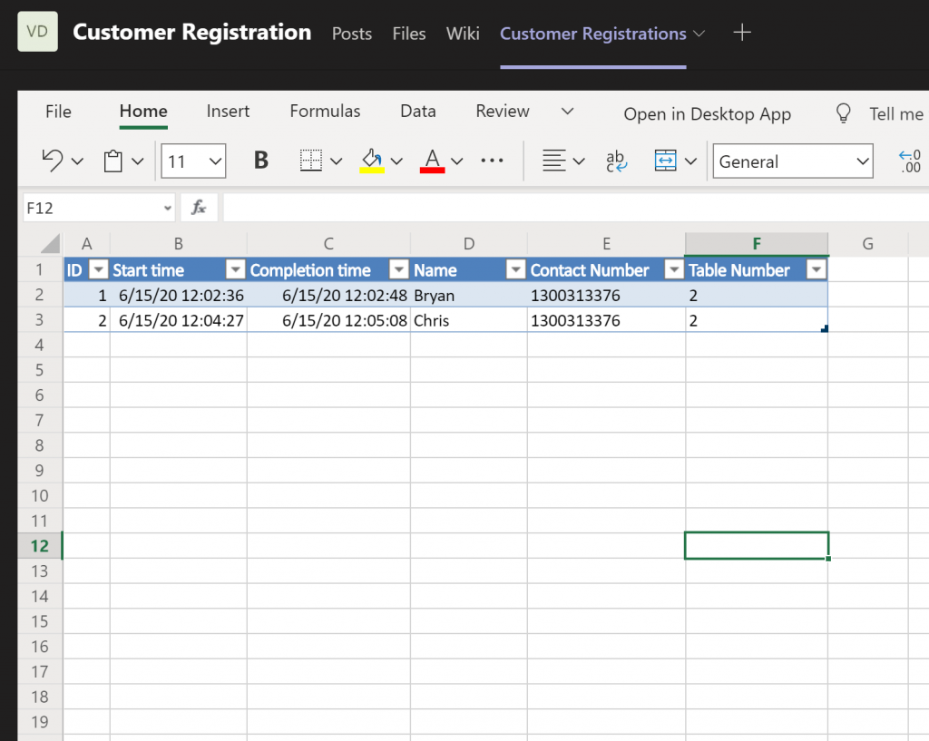 Customer registration information in Microsoft Teams