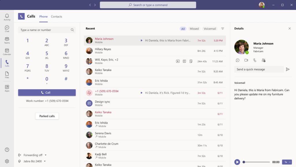 Microsoft Teams interface showing the calling menu with dial pad, call history and contacts